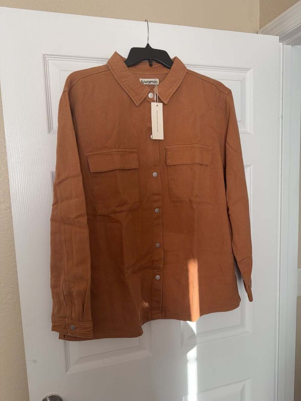luvamia Women's Corduroy Button Down Shirt Jacket with Pockets in Burnt Orange